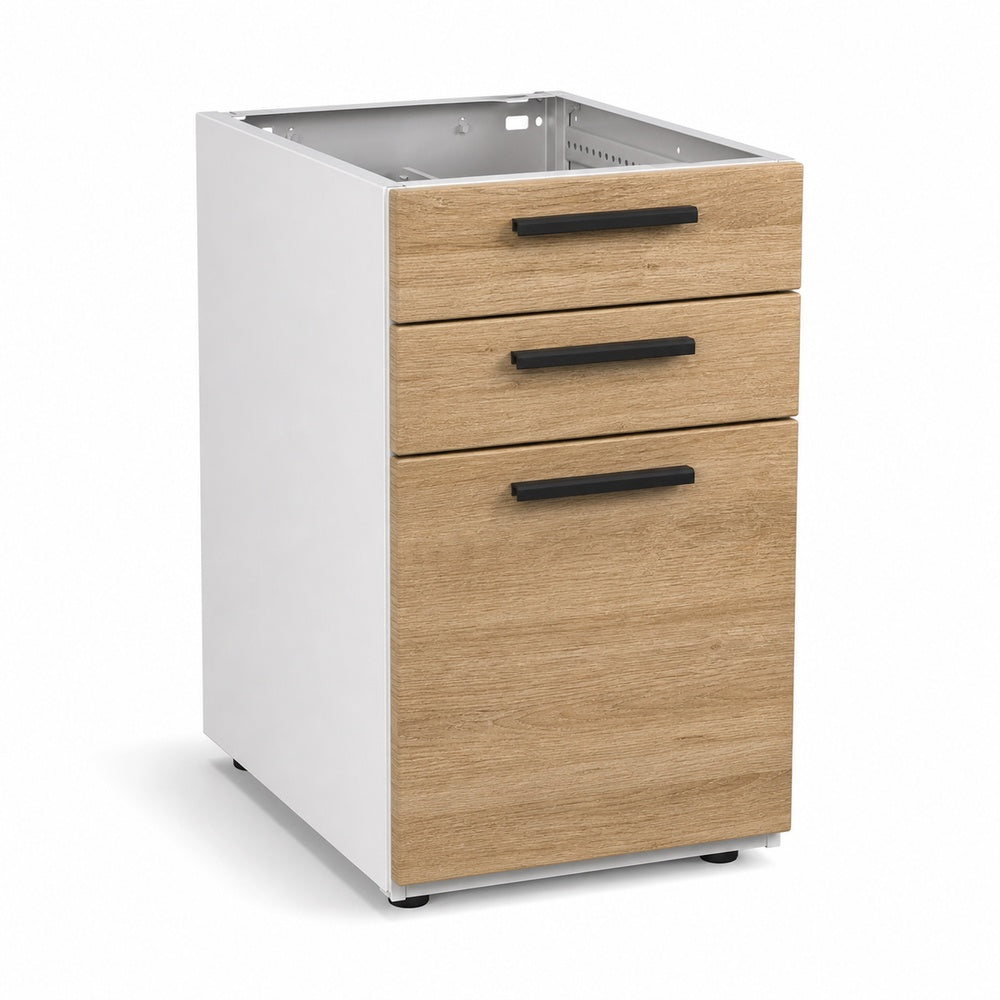Archivero pedestal metalico Grupo Versa Complementos con 2 cajones y 1 gaveta, frentes melamina/LPAP, fondo 49.5 cm, cubierta lpap, estructura blanca