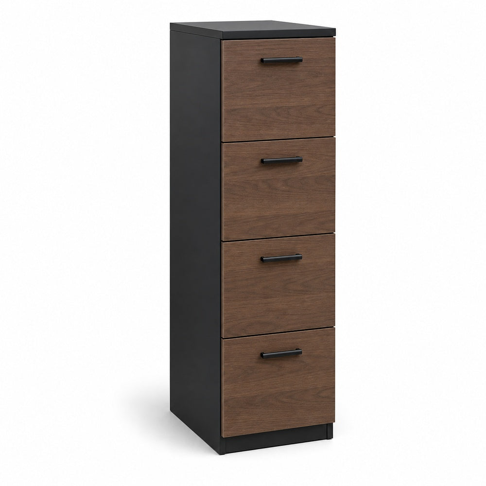 Archivero metalico vertical Grupo Versa Complementos con 4 gavetas de archivo, frentes melamina/LPAP, fondo 49.5 cm, frentes melamina, estructura negra
