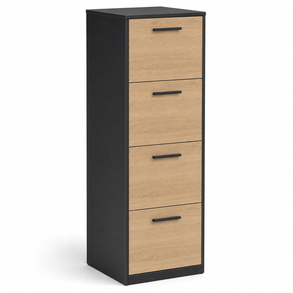 Archivero metalico vertical Grupo Versa Complementos con 4 gavetas de archivo, frentes melamina/LPAP, fondo 49.5 cm, frentes lpap, estructura negra