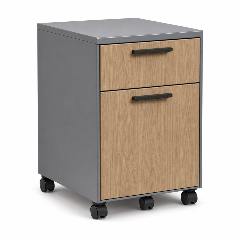 Archivero movil metalico Grupo Versa Complementos con 1 cajon y 1 gaveta, frentes melamina con jaladera Niza, 37.2x49.5x55, frentes lpap, estructura gris