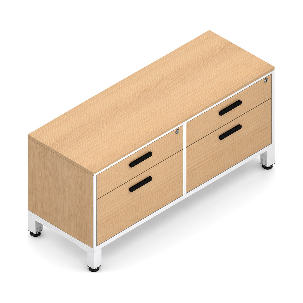 Credenza para oficina baja con 2 cajoneras VERSA ALTEA, cuerpo blanco con frentes gris, base en aluminio, 120x45x52 cm