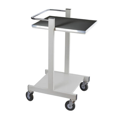 Carro médico con dos entrepaños de lámina, cubierta antiderrapante negra, barandal de acero inoxidable y ruedas