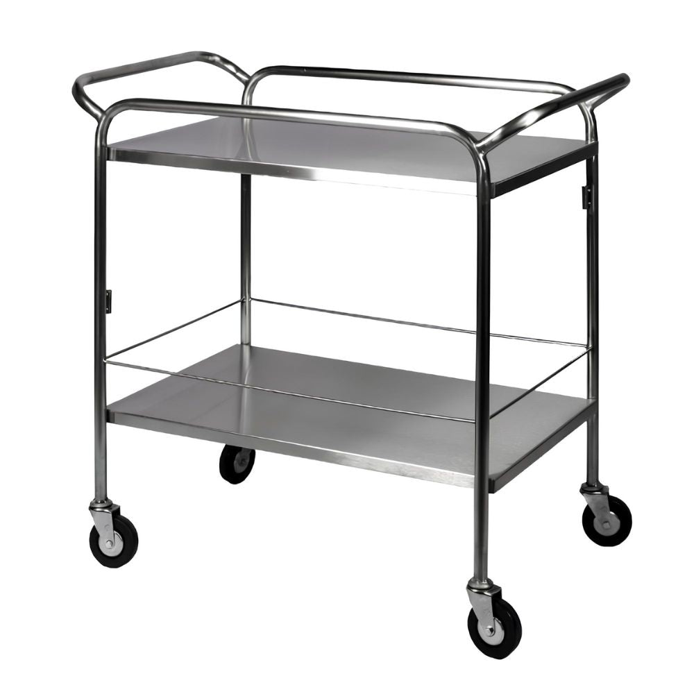 Carro de curaciones de acero inoxidable con cubierta, entrepaño con barandal y ruedas de hule negro