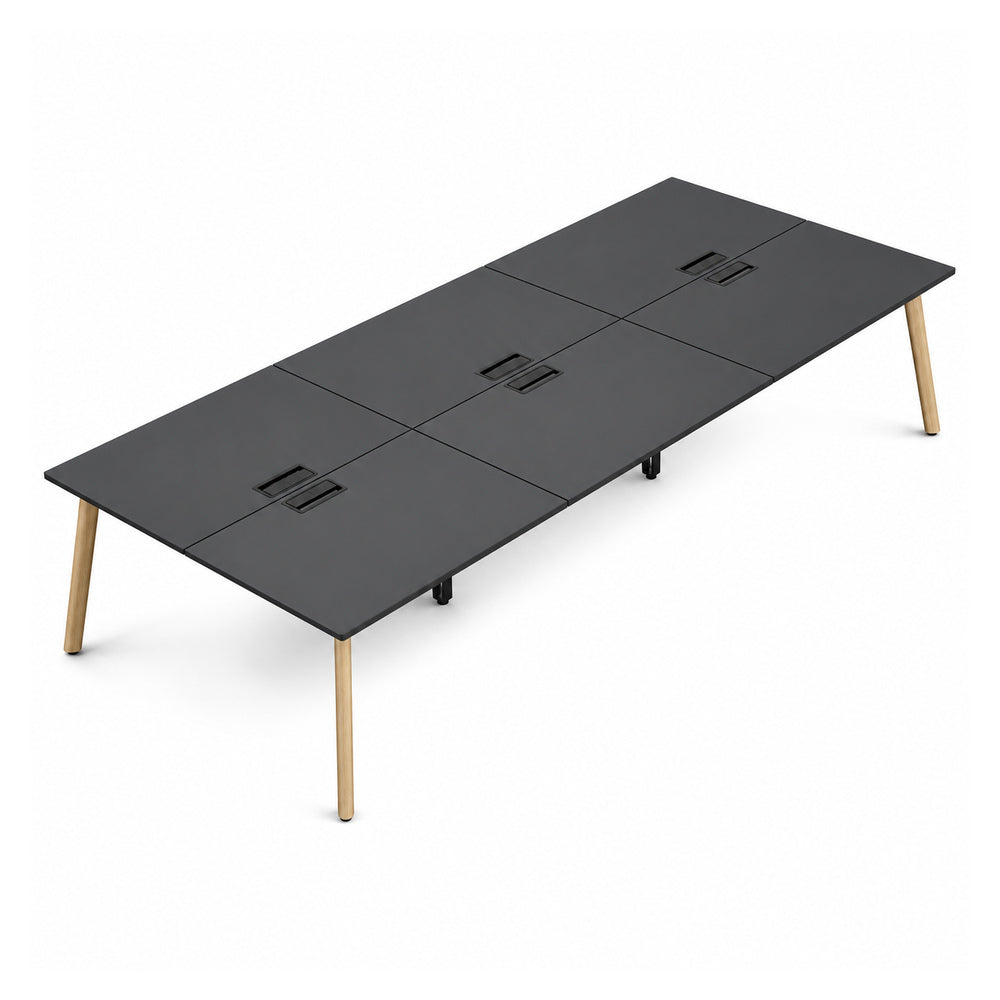 Mesa Bench para 6 Usuarios - VERSA DASH - 420×150×75 cm - Estructura Metálica Negra con Patas de Madera de Haya