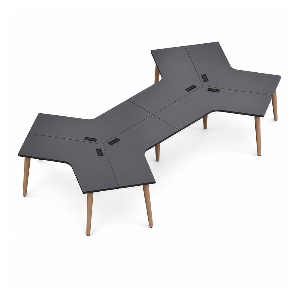 Estación de Trabajo Triceta para 3 Personas - VERSA DASH - 462×266×75 cm - Estructura Metálica Negra con Patas de Madera de Haya