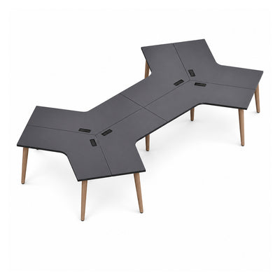 Estación de Trabajo Triceta para 3 Personas - VERSA DASH - 462×266×75 cm - Estructura Metálica Negra con Patas de Madera de Haya