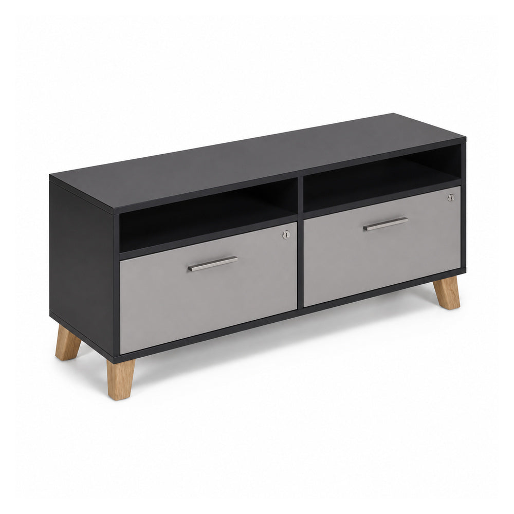 Credenza Baja 2 Gavetas de Archivo con Cerradura - VERSA DASH - 120×45×61 cm - Patas de Madera de Haya