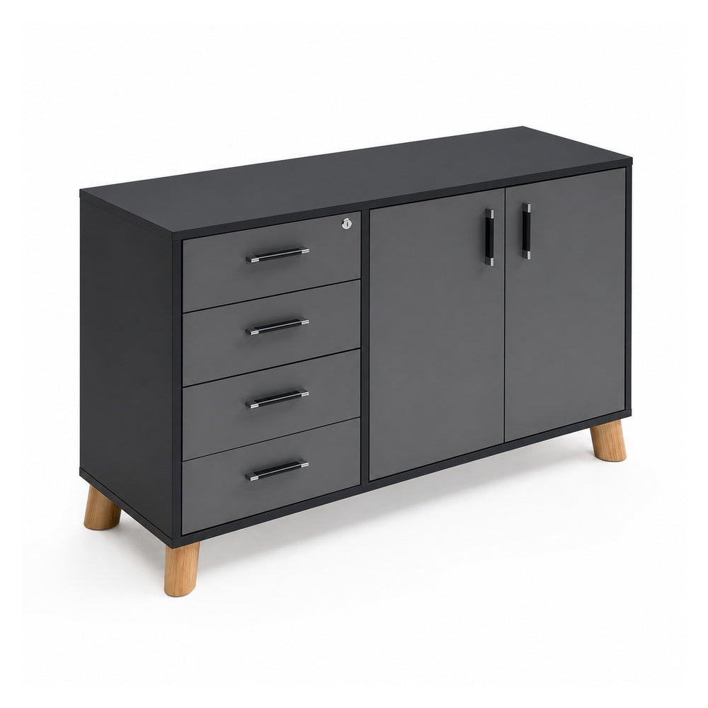Credenza Alta Izquierda 4 Cajones Papeleros - VERSA DASH - 120×45×91 cm - Patas de Madera de Haya