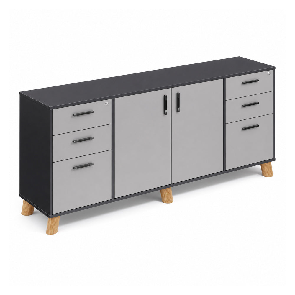 Credenza Alta 2 Cajoneras 2+1 y 2 Puertas Abatibles Centrales - VERSA DASH - 180×45×91 cm - Patas de Madera de Haya