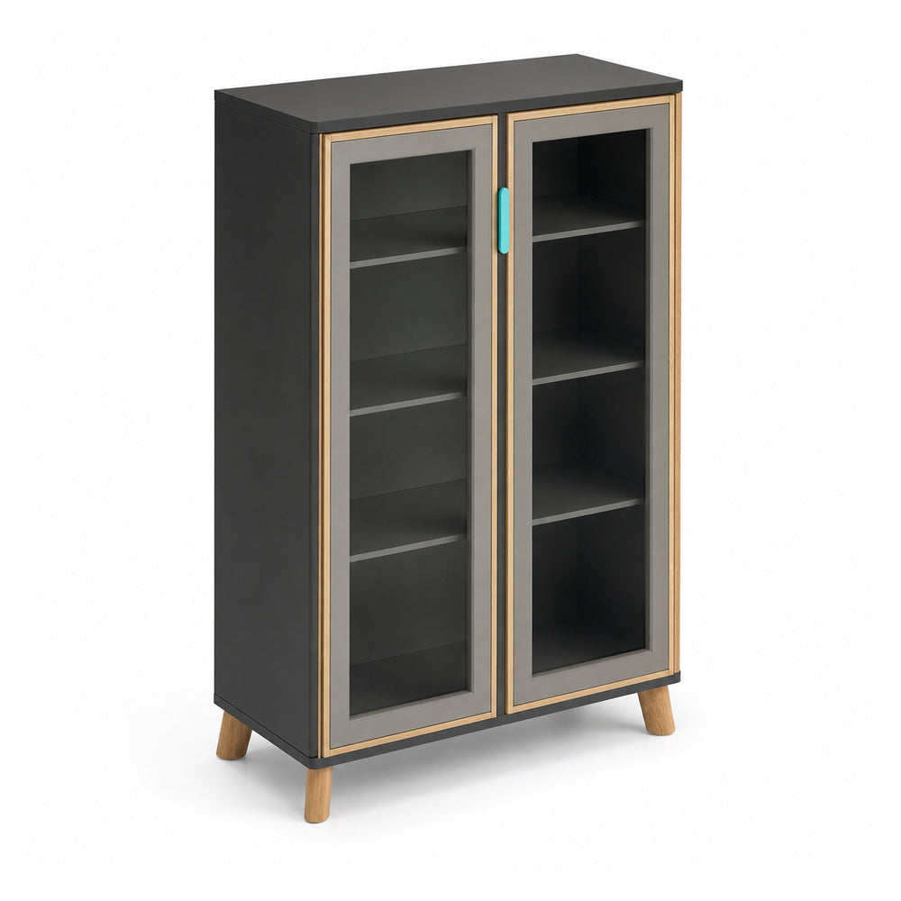 Librero Alto 2 Puertas Abatibles en Cristal Natural - VERSA DASH - 90×45×161 cm - Patas de Madera de Haya