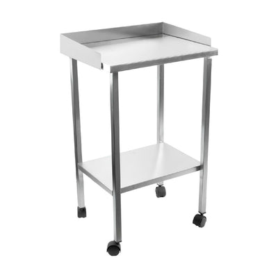 Mesa de consultorio de acero inoxidable sin cajón con entrepaño inferior y rodajas con freno