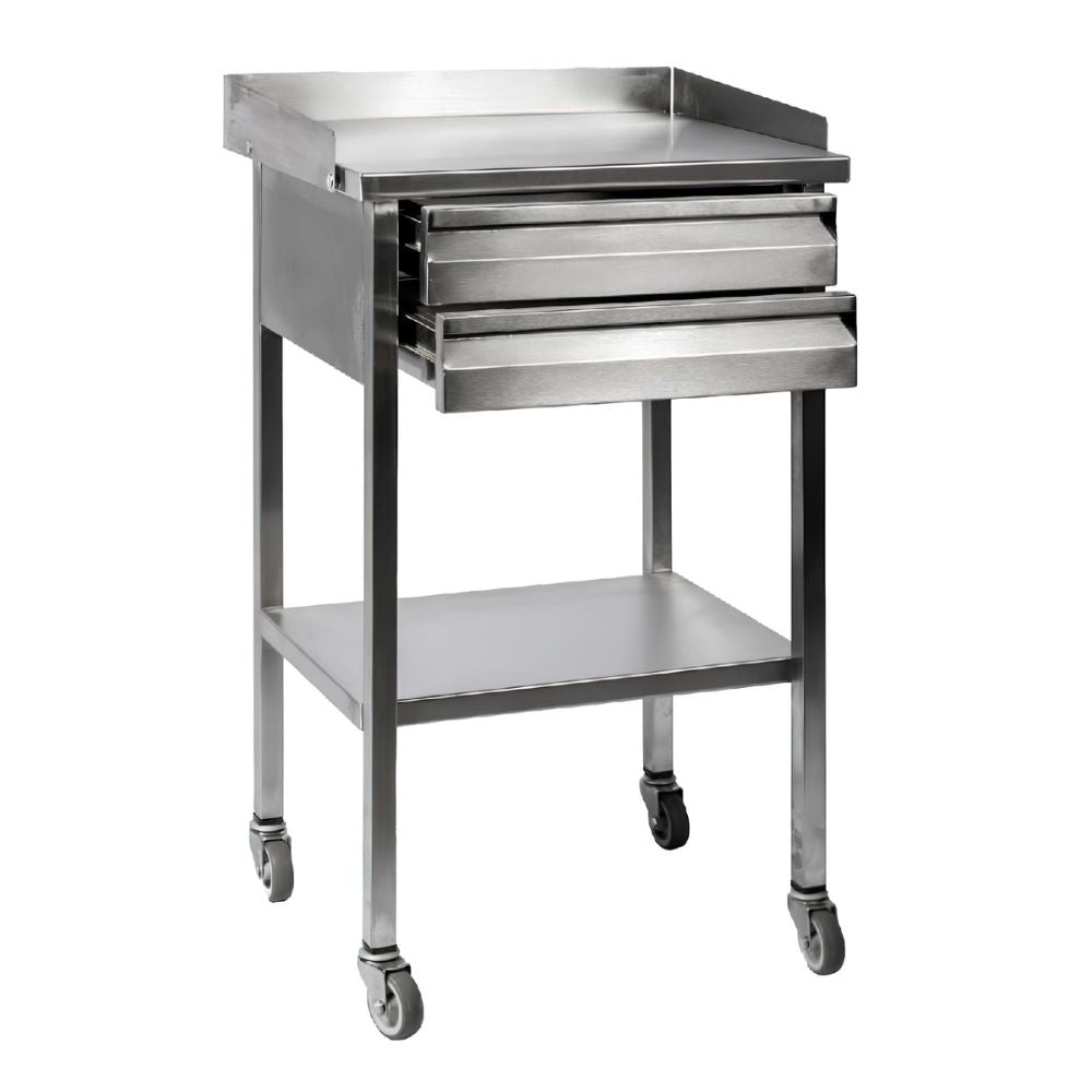 Mesa de consultorio de acero inoxidable con dos cajones, entrepaño inferior y rodajas