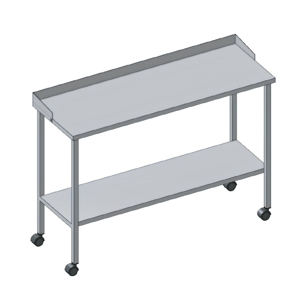 Mesa auxiliar rectangular de acero inoxidable con cubierta, entrepaño inferior, barandal perimetral y ruedas