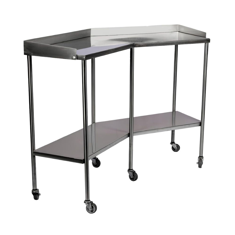 Mesa médica tipo riñón de acero inoxidable con doble plancha, barandal perimetral y ruedas