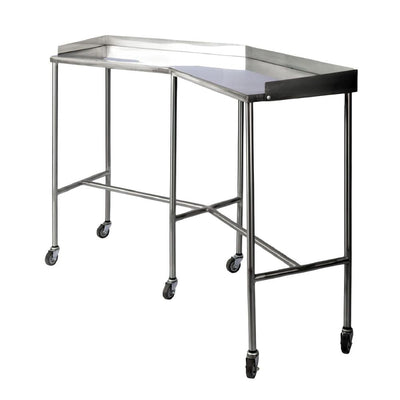 Mesa médica tipo riñón de acero inoxidable con plancha sencilla, barandal perimetral y ruedas con freno