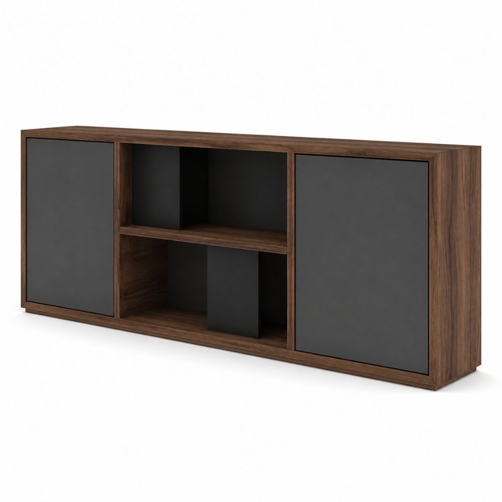 Credenza para oficina VERSA PIANNO, 230 × 40 × 97 cm, en chapa de madera, vista de tres cuartos sobre fondo blanco