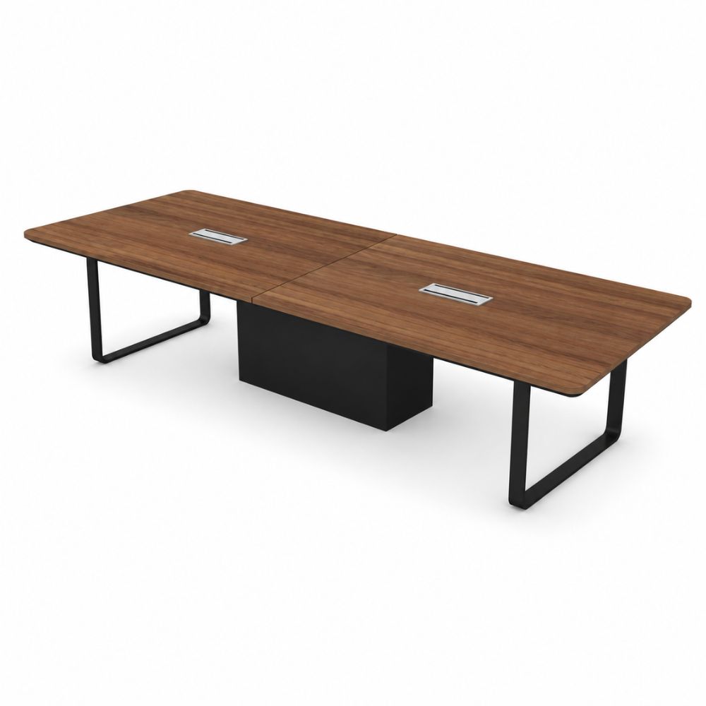 Mesa de Juntas para oficina VERSA PIANNO, 360 × 140 × 75 cm, en chapa de madera, vista de tres cuartos sobre fondo blanco