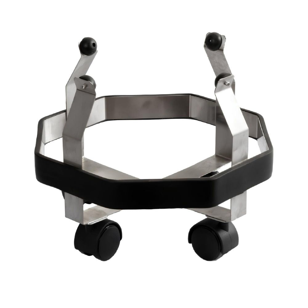 Porta cubeta de patada de acero inoxidable con ruedas y protección perimetral de hule negro