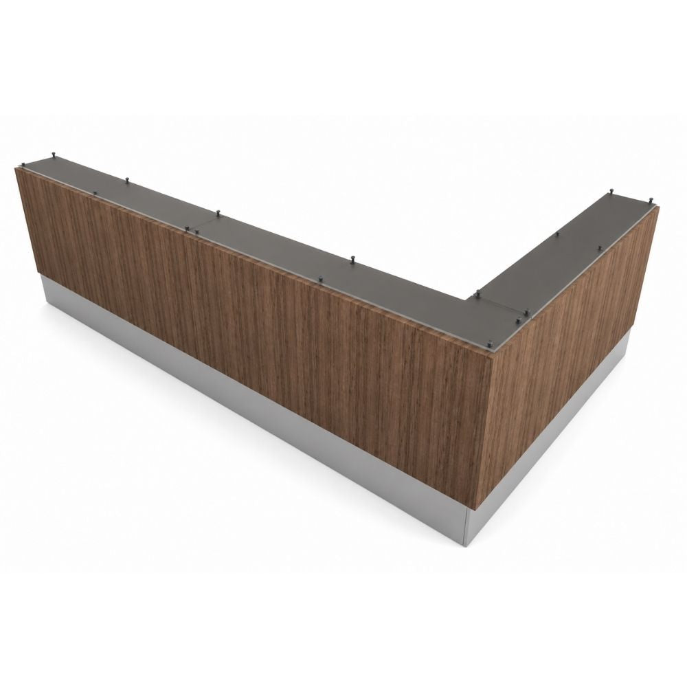 Módulo de recepción para oficina en "L" con Cubo Frontal VERSA RP, frente 360 cm, vista de tres cuartos sobre fondo blanco