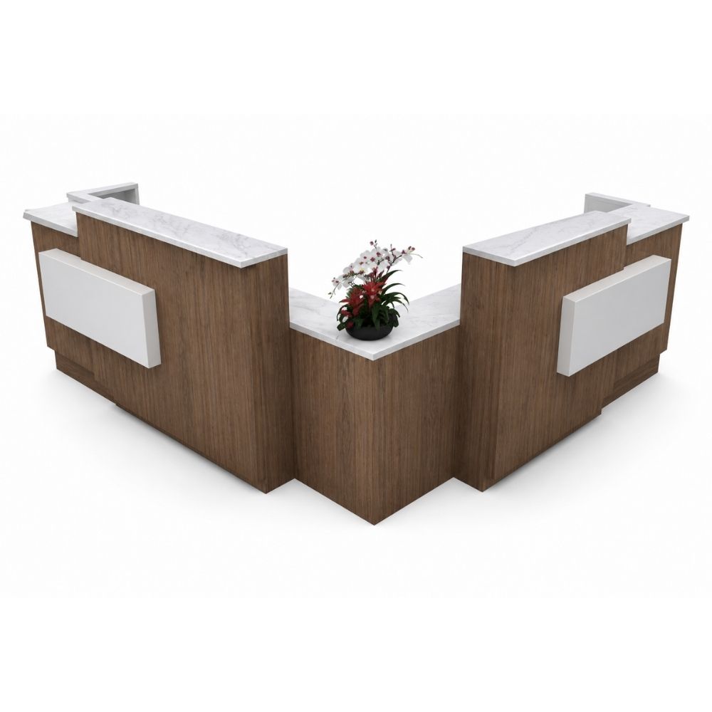 Módulo de recepción para oficina en "L" VERSA RP, frente 284/262 cm, vista de tres cuartos sobre fondo blanco
