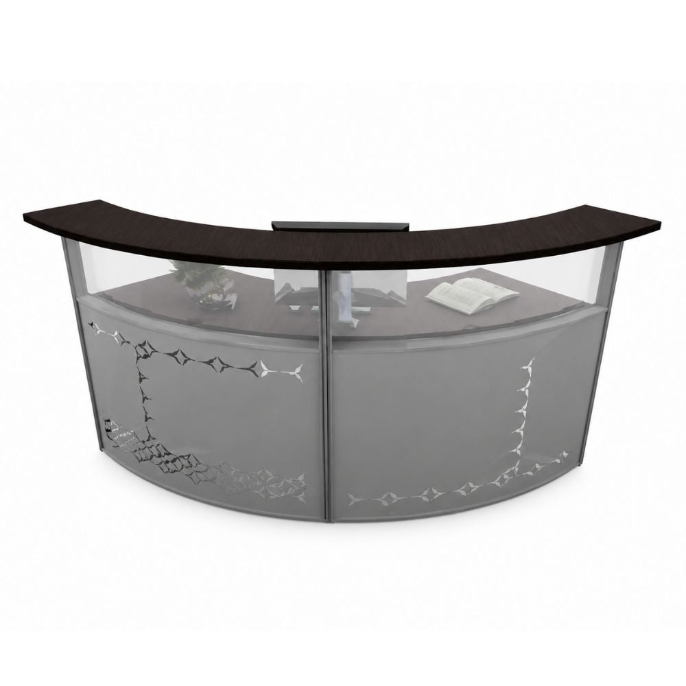 Módulo de recepción para oficina Curva V60 VERSA RP, frente 233 cm, vista de tres cuartos sobre fondo blanco