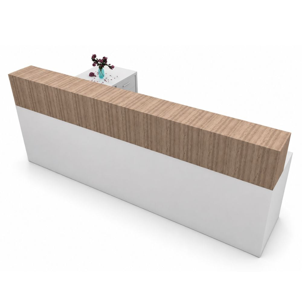 Módulo de recepción en L Versa RP-815 con cubierta de aglomerado 28 mm melamina, 289x150x110 cm Ambientada
