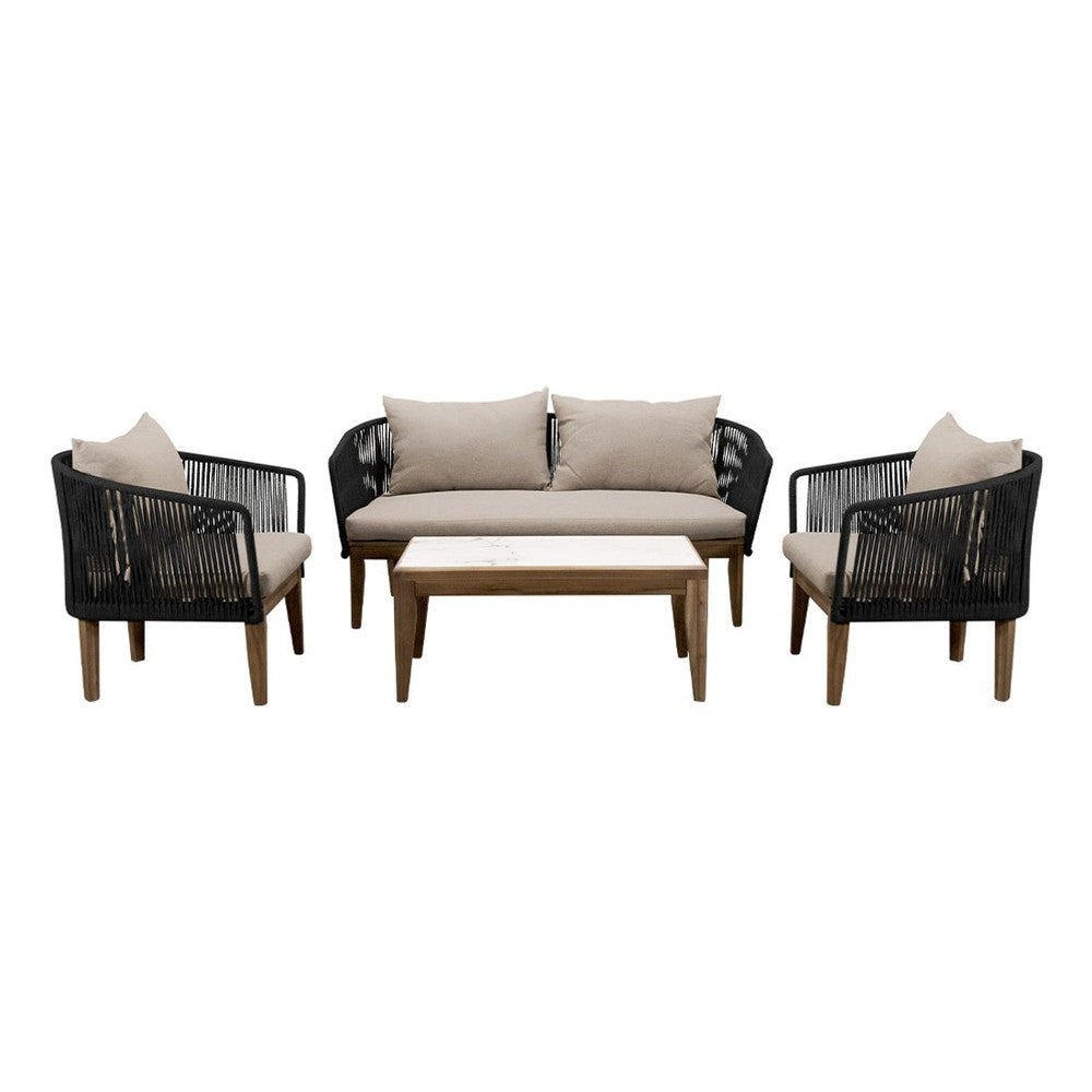 Sala de terraza NOGAL BEAT CORDONIA de acero, cuerda y madera de acacia en color negro para uso en terraza