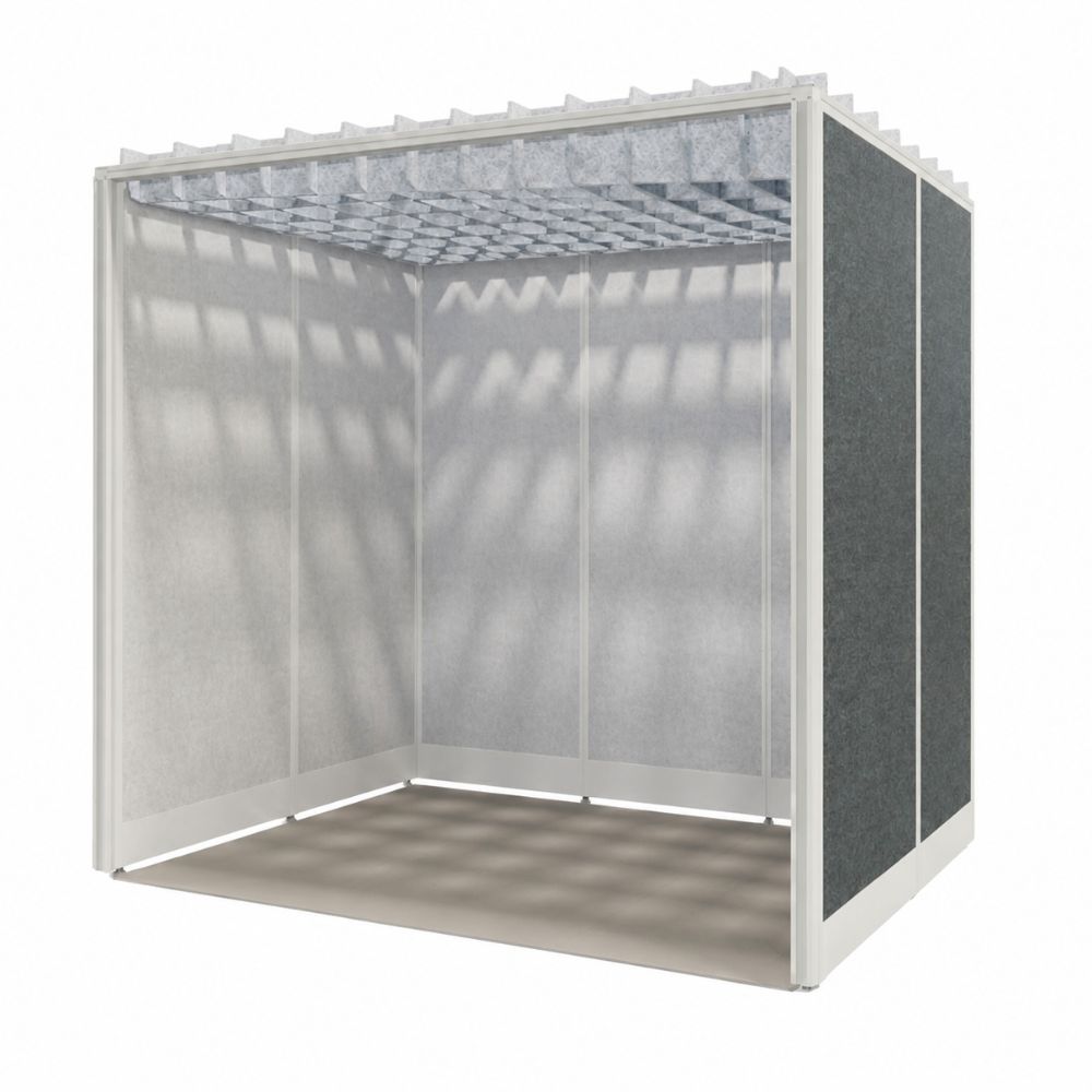 Cabina para oficina VERSA V60 de 230 x 130 x 210 cm, estructura de aluminio con paneles de cristal, panel acustico lateral y baffles en techo