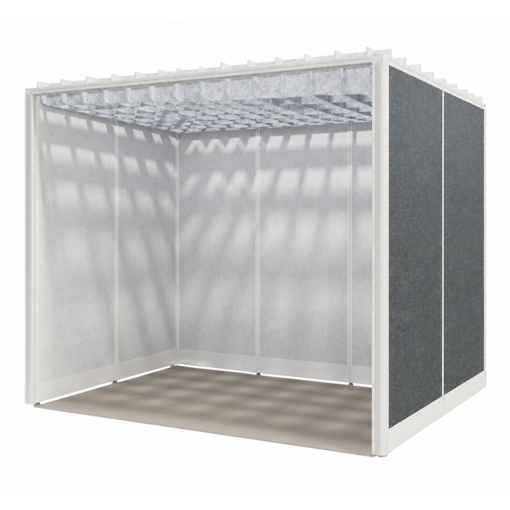 Cabina para oficina VERSA V60 de 230 x 170 x 210 cm, estructura de aluminio con paneles de cristal, panel acustico lateral y baffles en techo