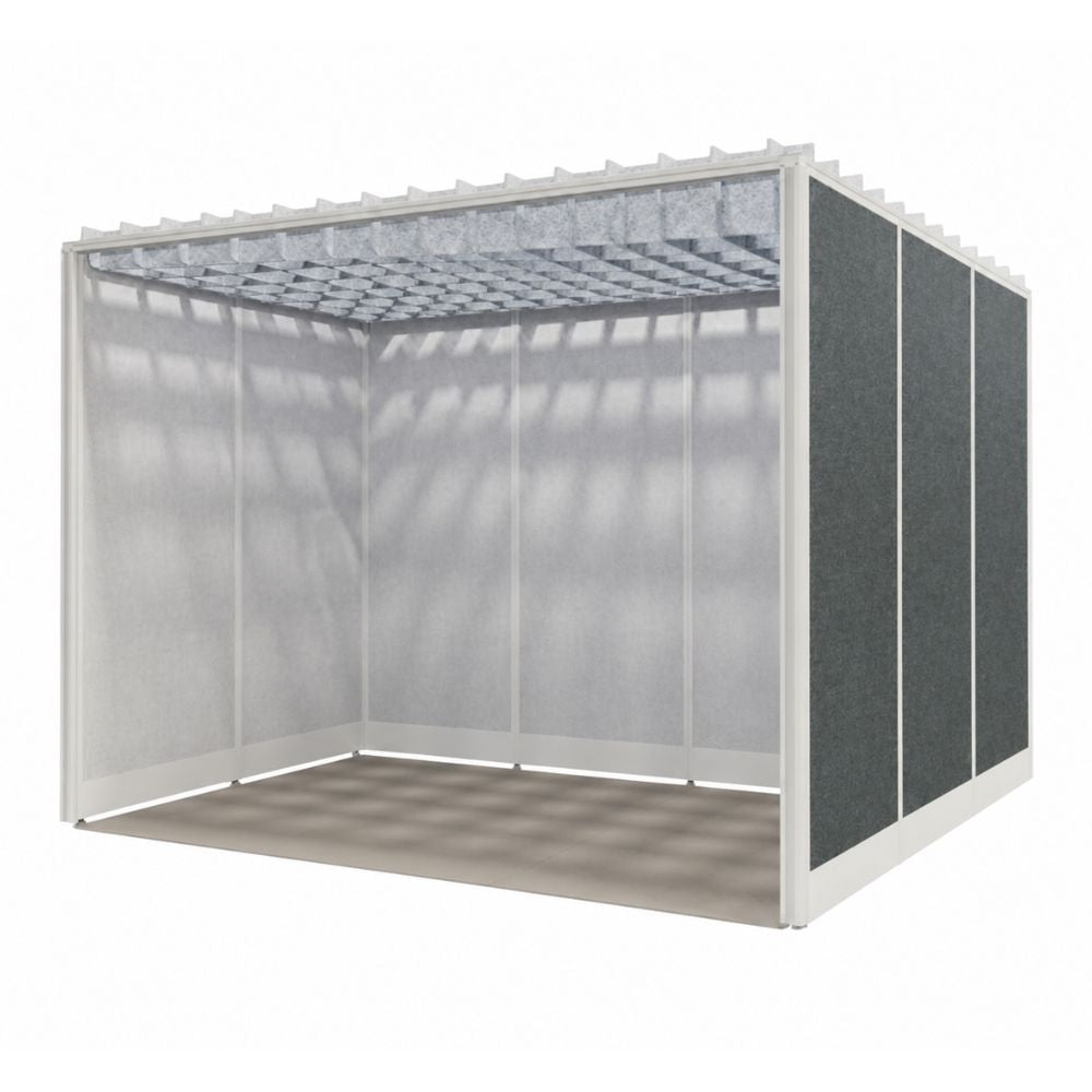 Cabina para oficina VERSA V60 de 230 x 230 x 210 cm, estructura de aluminio con paneles de cristal, panel acustico lateral y baffles en techo