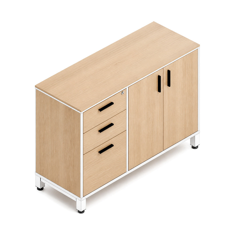 Credenza para Oficina Alta Derecha con Cajonera 2+1 y 2 - VERSA LEVA - Estructura Gris/Blanco - 120×45×90 - 1 Entrepano Interno Ajustable Sin Cerradura