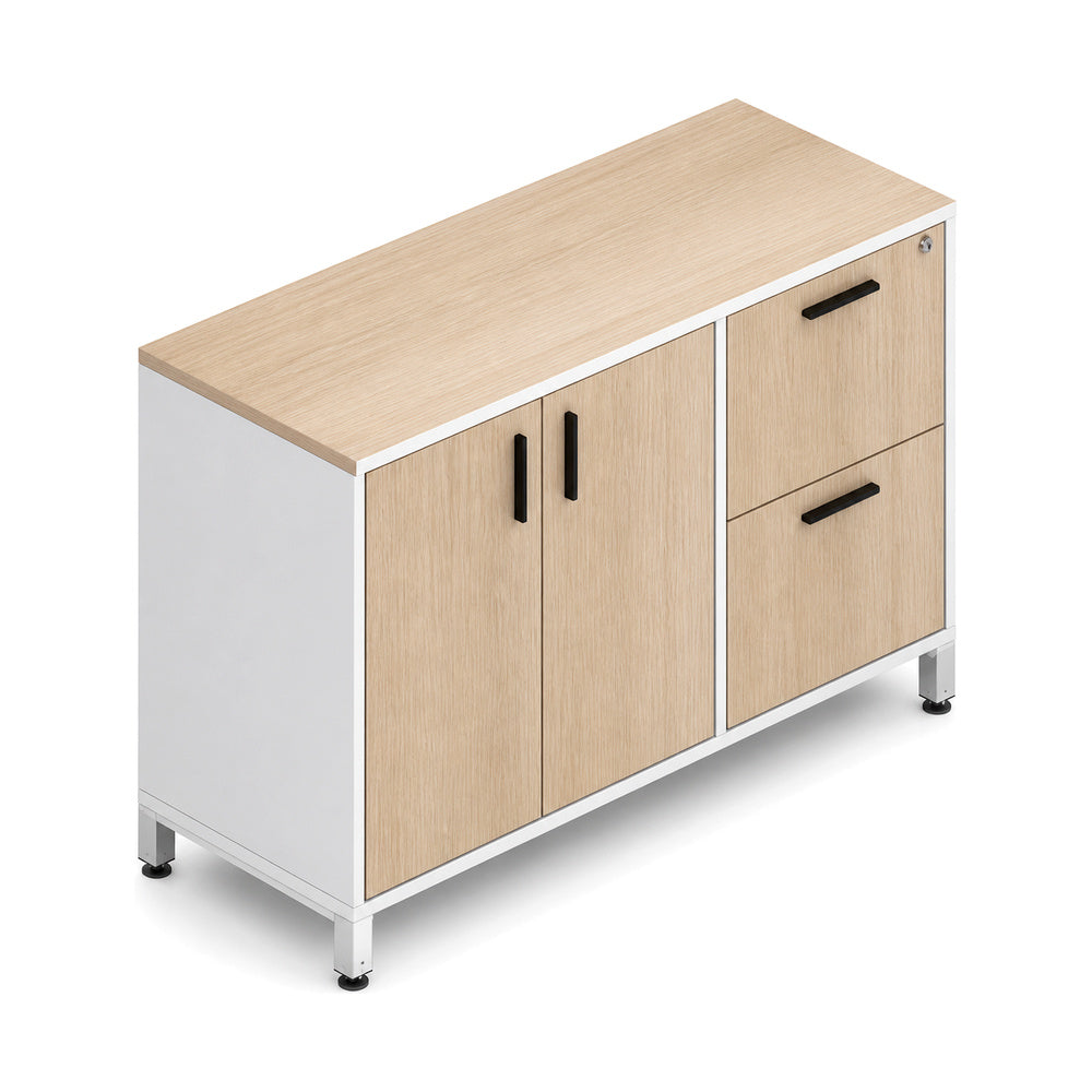 Credenza para Oficina Alta Derecha con Cajonera 2 Gavetas - VERSA LEVA - Estructura Gris/Blanco - 120×45×90 - 1 Entrepano Ajustable Sin Cerradura