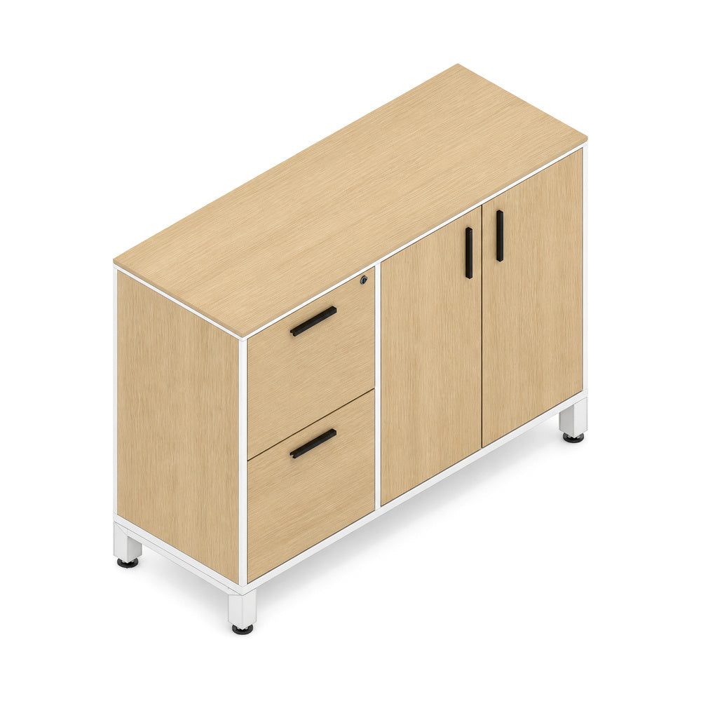 Credenza para Oficina Alta Derecha con Cajonera 2 Gavetas - VERSA LEVA - Estructura Gris/Blanco - 120×45×90 - 1 Entrepano Ajustable Sin Cerradura