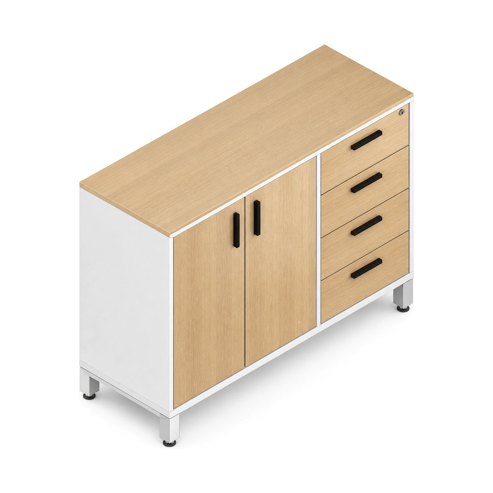 Credenza para Oficina Alta Derecha con 4 Cajones Papeleros - VERSA VENTO PLUS - Estructura Blanca/Gris/Negra/Grafito - 120×45×90 - 2 Puertas Melaminicas con 1 Entrepano Interno Ajustable