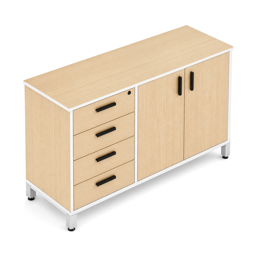 Credenza para Oficina Alta Derecha con 4 Cajones Papeleros - VERSA LEVA - Estructura Gris/Blanco - 120×45×90 - 1 Entrepano Interno Ajustable Sin Cerradura