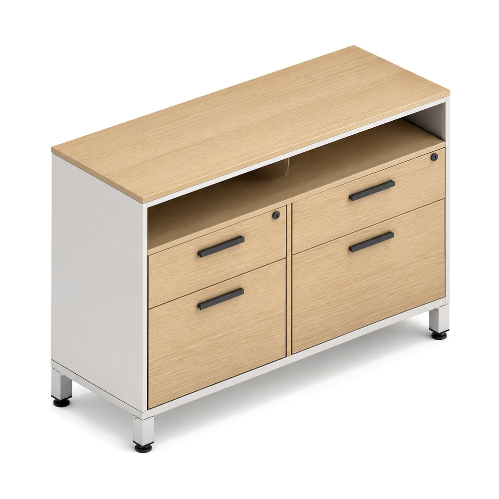 Credenza para Oficina Alta con 2 Cajoneras 1 Cajon + - VERSA LEVA - Estructura Gris/Blanco - 120×45×90 - 1 Entrepano Superior Abierto Fijo Melaminico
