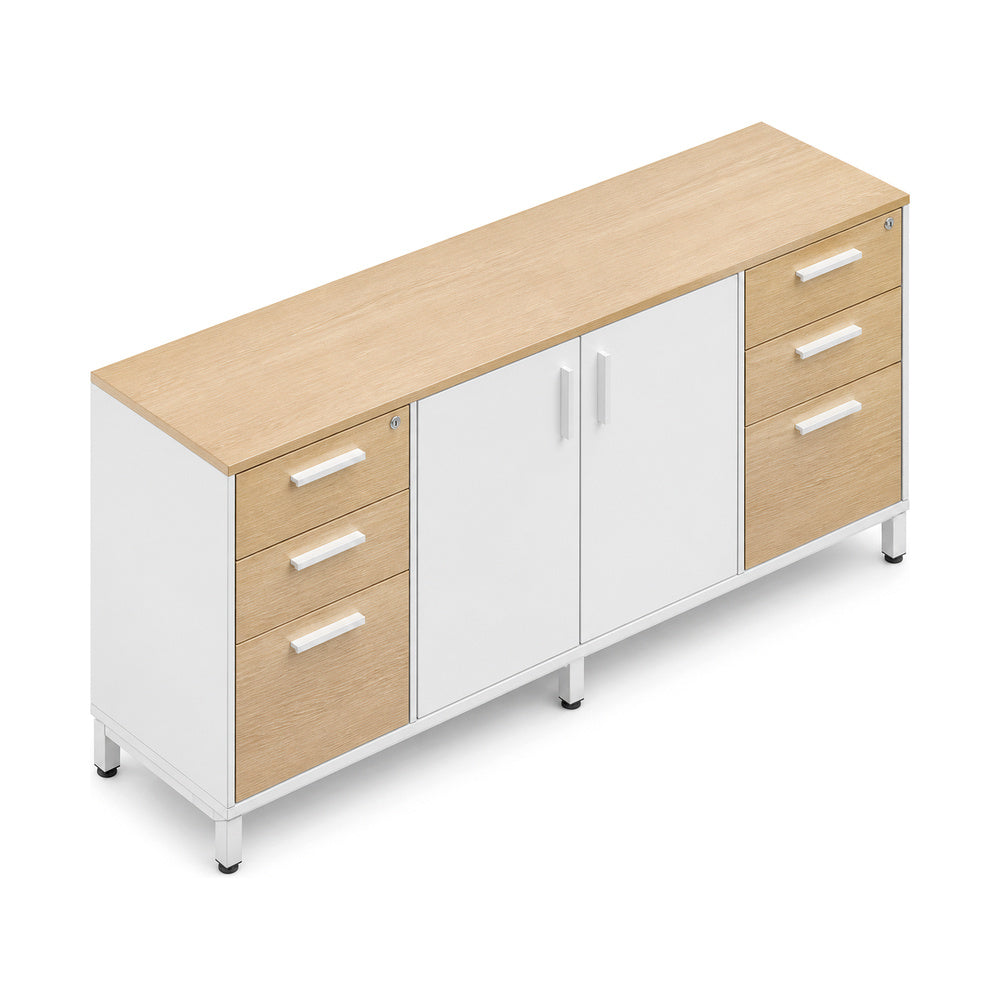 Credenza para Oficina Alta con 2 Cajoneras 2+1 y 2 - VERSA LEVA - Estructura Gris/Blanco - 180×45×90 - 1 Entrepano Central Ajustable