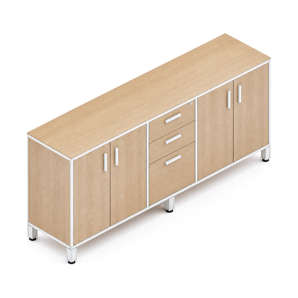 Credenza para Oficina Alta con 1 Cajonera Central 2+1 - VERSA VENTO PLUS - Estructura Blanca/Gris/Negra/Grafito - 180×45×90 - 2 Entrepanos Laterales Internos Melaminicos Ajustables en Al