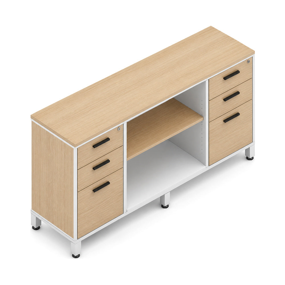 Credenza para Oficina Alta con 2 Cajoneras 2+1 - VERSA VENTO PLUS - Estructura Blanca/Gris/Negra/Grafito - 180×45×90 - 1 Entrepano Central Abierto Melaminico Ajustable en Altura
