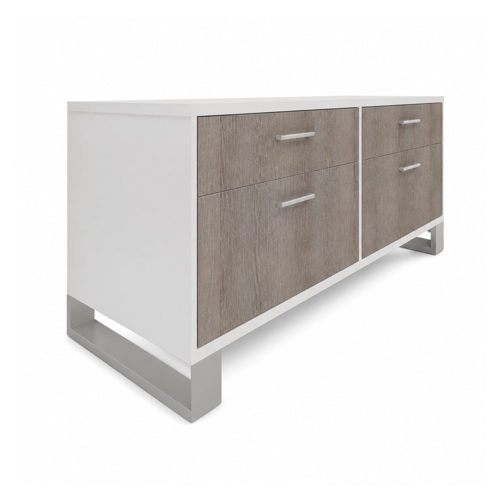 Credenza para oficina baja con 2 cajoneras VERSA AXIO, cuerpo blanco con frentes gris, base en aluminio, 120x45x52 cm