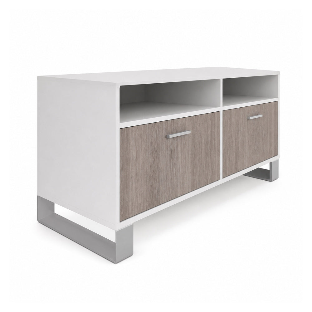 Credenza para oficina baja con gavetas de archivo VERSA AXIO, cuerpo blanco con repisa abierta, base en aluminio, 120x45x52 cm