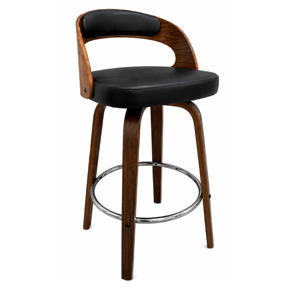 Banco para barra Nogal Beat Praga con asiento y respaldo tapizados en vinipiel y base de madera color walnut.