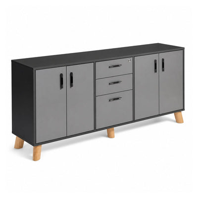 Credenza Alta 1 Cajonera Central 2+1 y 4 Puertas Abatibles Laterales - VERSA DASH - Estructura Negra - Patas de Madera de Haya - DS-866 - VERSA - NOGAL BEAT - Credenza