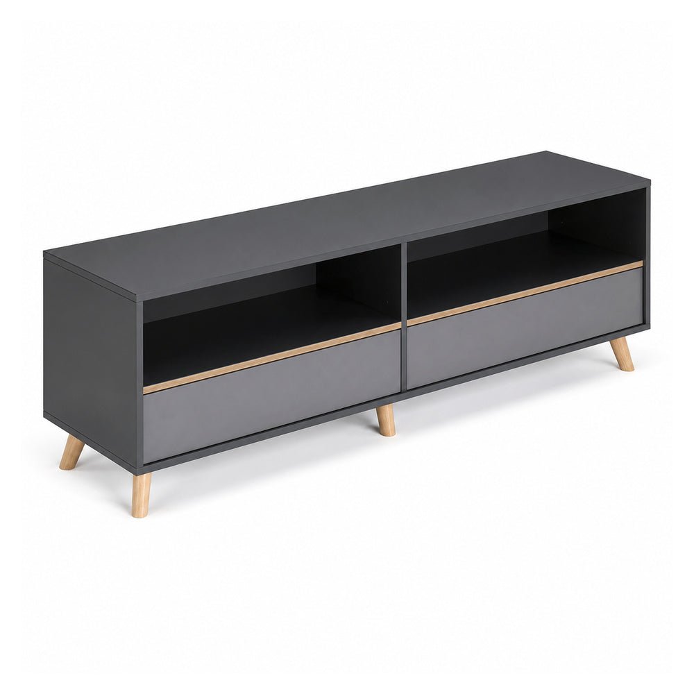 Credenza Baja 2 Entrepaños Melamínicos 28mm Ajustables - VERSA DASH - Estructura Negra - Patas de Madera de Haya - DS-826 - VERSA - NOGAL BEAT - Credenza