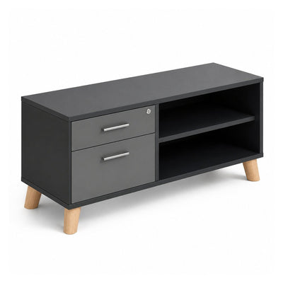 Credenza Baja Izquierda 1 Cajonera 1 Cajón + 1 Gaveta - VERSA DASH - Estructura Negra - Patas de Madera de Haya - DS-804IM - VERSA - NOGAL BEAT - Credenza