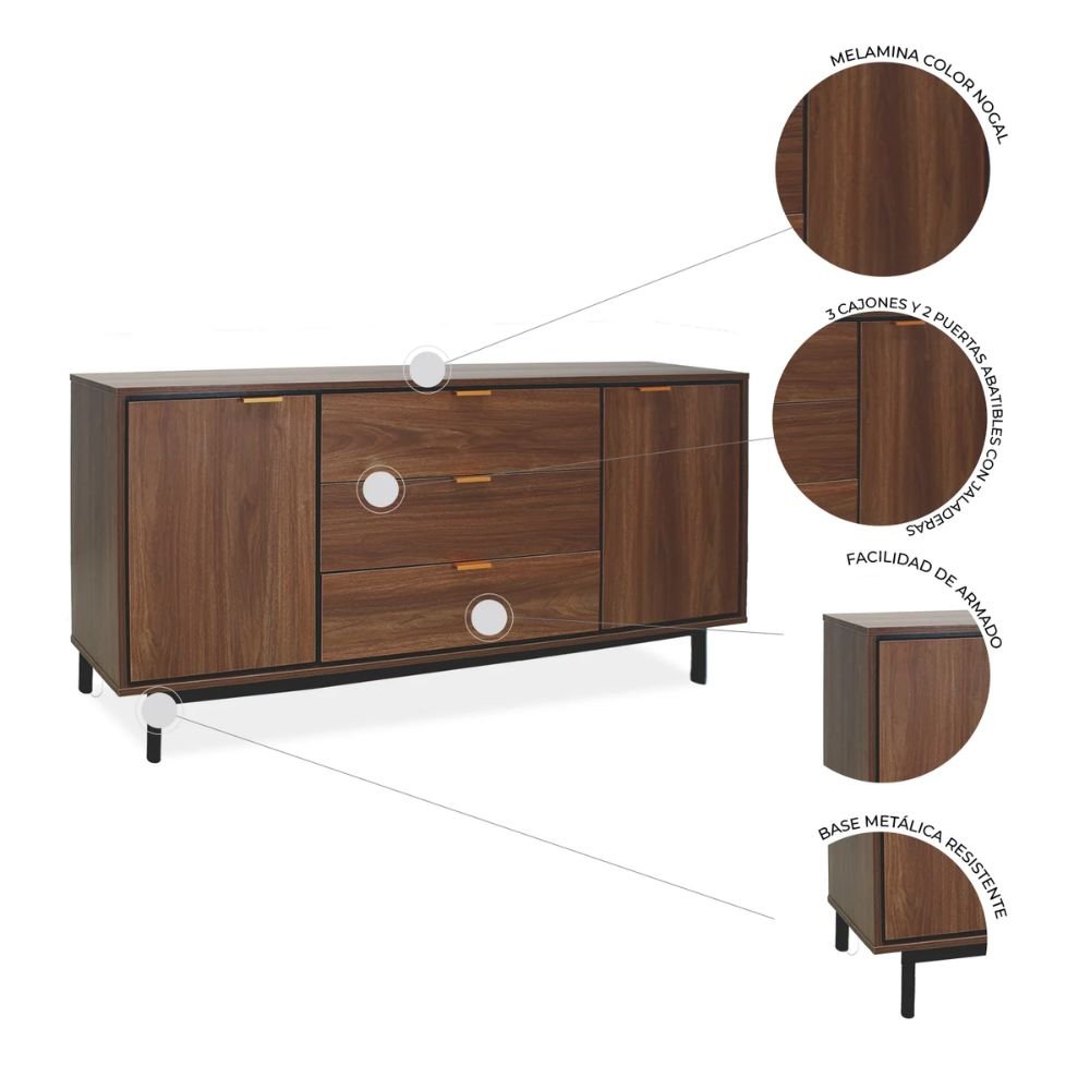 CREDENZA NOGAL BEAT CRED0903743 PORTOFINO | Credenza Ocasional para Sala Comedor | Melamina | Estructura Metálica | Interior - CRED0903743 - Mundo In - NOGAL BEAT - Credenza