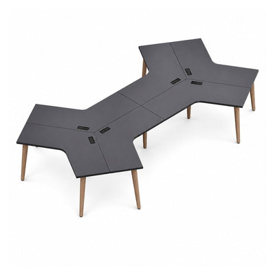 Estación de Trabajo Triceta para 3 Personas - VERSA DASH - Estructura Metálica Negra con Patas de Madera de Haya - Frente 462 cm - DS-692 - VERSA - NOGAL BEAT - Escritorio de Oficina