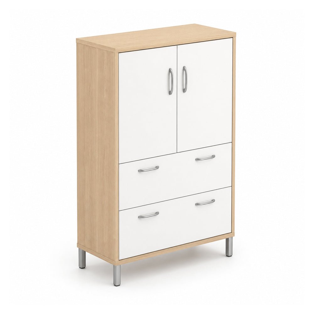 Librero para Oficina Alto - VERSA READY - Estructura Blanco - 2 Puertas Superiores con Entrepaño Melamínico Ajustable - RE-882 - VERSA - NOGAL BEAT - Librero