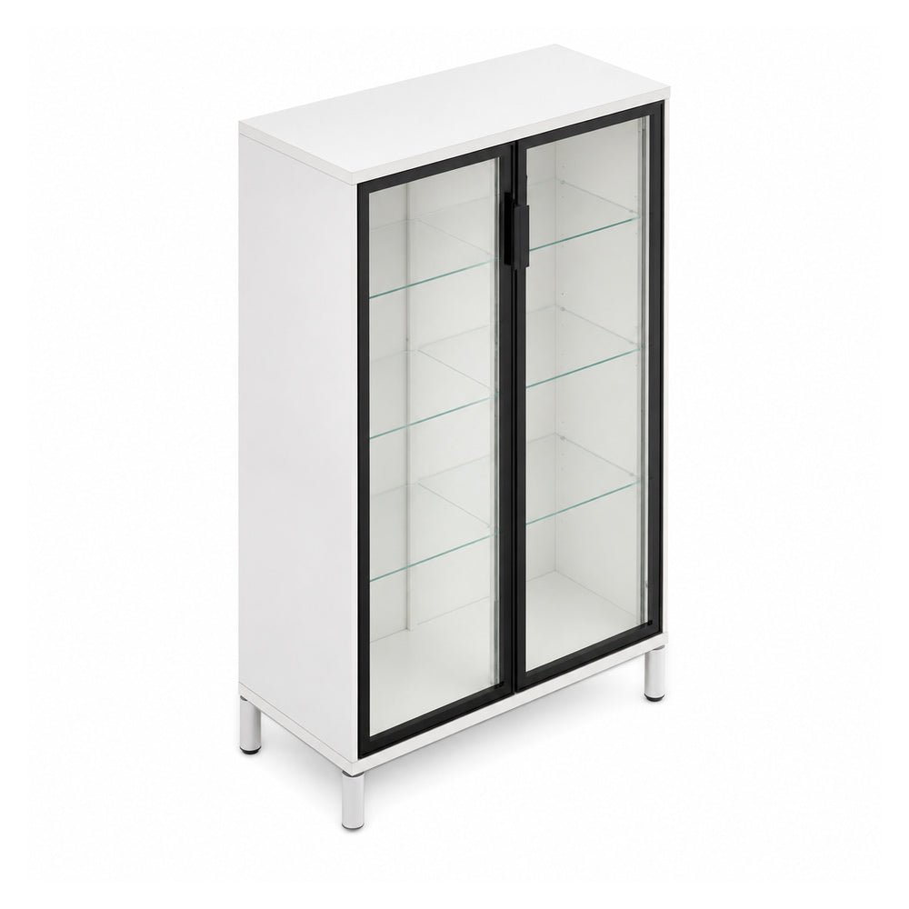 Librero para Oficina Alto - VERSA READY - Estructura Blanco - Librero Alto con 2 Puertas Abatibles en Cristal y Cristal Esmerilado - RE-887 - VERSA - NOGAL BEAT - Librero