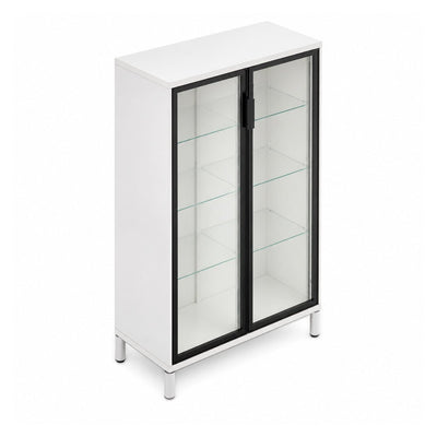 Librero para Oficina Alto - VERSA READY - Estructura Blanco - Librero Alto con 2 Puertas Abatibles en Cristal y Cristal Esmerilado - RE-887 - VERSA - NOGAL BEAT - Librero